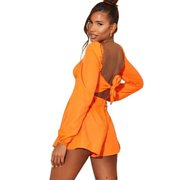 Pretty Little Things size 6 bright orange tie back long sleeve playsuit NWT - Picture 2 of 7